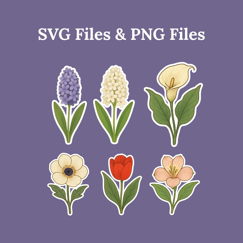 Studio Ghibli flower bundle showcasing 9 floral clipart elements in SVG and PNG formats. Features tulip, calla lily, hyacinth, anemone, and others in a pastel palette—ideal for planners, stickers, sublimation, or printable art.
