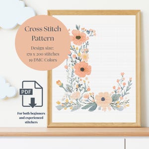 Patrón de punto de cruz con la letra L, monograma floral en PDF, gráfico botánico inicial, descarga instantánea