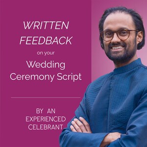 Puede incluir: Un hombre con barba y gafas sonríe a la cámara. El texto de la imagen dice "WRITTEN FEEDBACK on your Wedding Ceremony Script BY AN EXPERIENCED CELEBRANT".