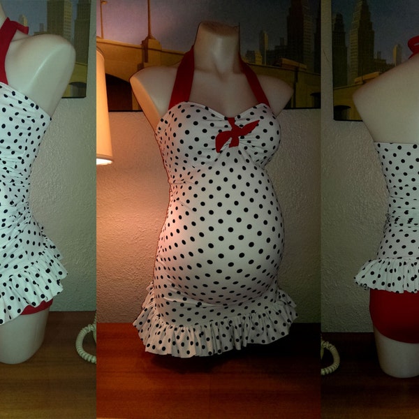 Last One Vintage inspired Maternity 2 piece swimsuit  in Black Dot on White & Red