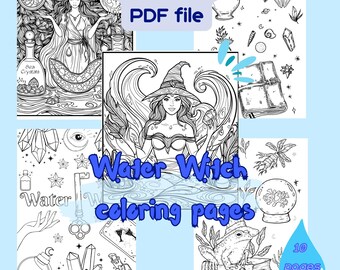 May include: Printable coloring pages featuring a water witch with a crown of waves, a crystal ball, and other magical elements. The text "Water Witch coloring pages" is in the center of the image. The text "Printable PDF file" is in the upper left corner of the image. The text "10 pages" is in the lower right corner of the image.