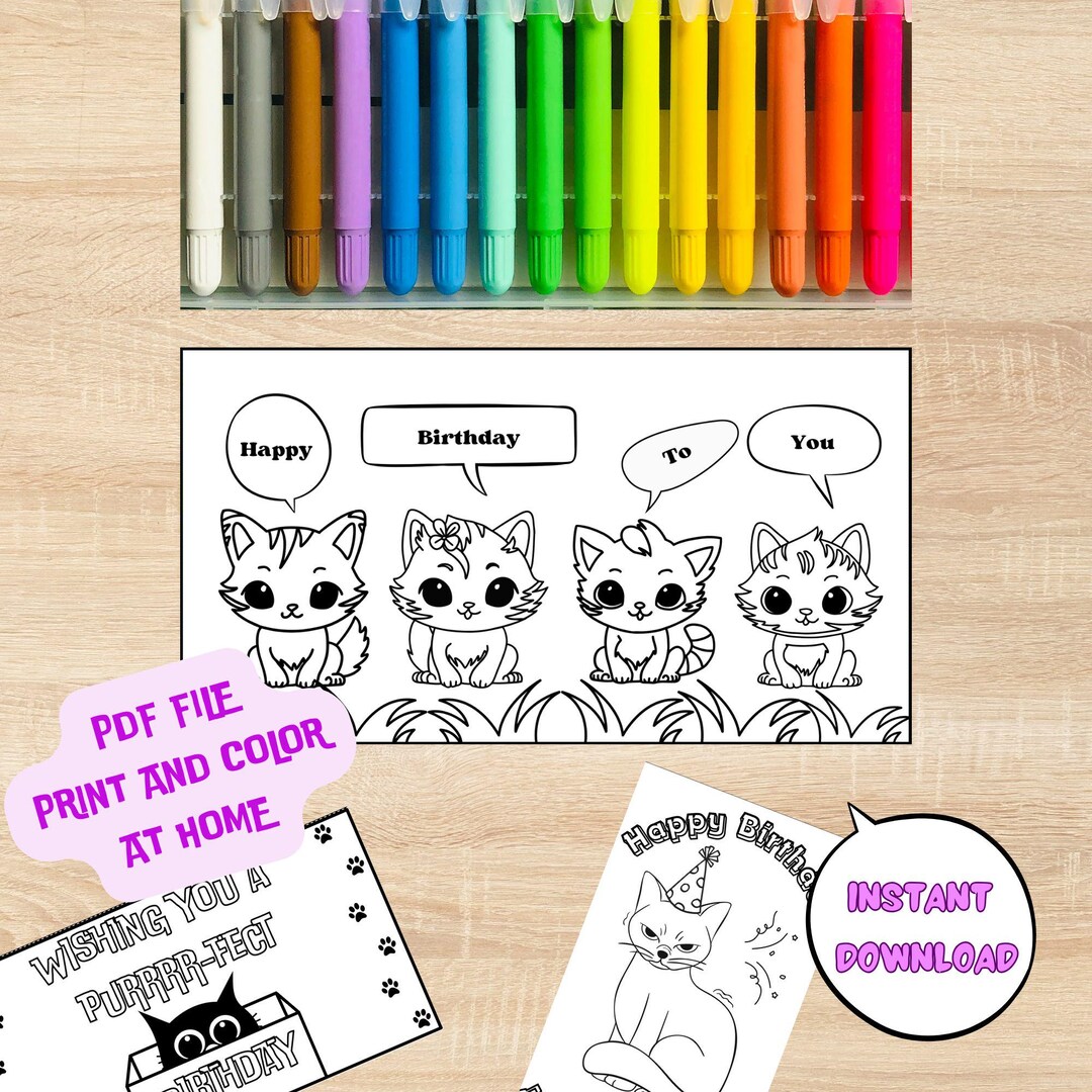 Printable Cat Birthday Coloring Cards,birthday Card for Kids,color Your ...