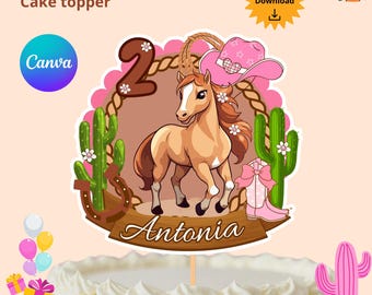May include: A cowgirl-themed cake topper with a horse, cactus, and a pink cowboy hat. The topper includes the number 2, the name "Antonia", and the text "Cowgirl Cake topper" and "Instant Download".