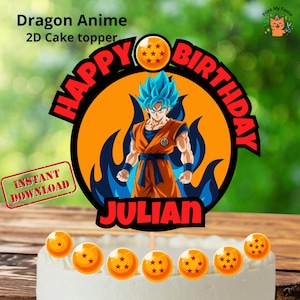May include: A Dragon Anime 2D cake topper with a blue-haired character in an orange outfit, surrounded by a ring that says "HAPPY BIRTHDAY" and the name "JULIAN". Includes a green "INSTANT DOWNLOAD" sticker and several orange ball decorations.