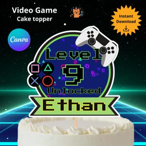 Gamer Cake Topper Printable: Level Up Birthday Party (Canva Template, Instant Download)