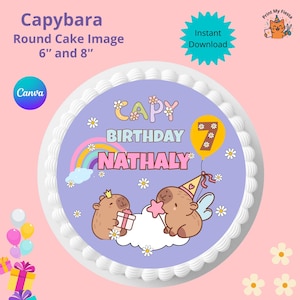 May include: Round cake image with a capybara theme. The design includes the text "Capybara", "Birthday Nathaly", and "7". The cake image is available in 15.24 cm and 20.32 cm sizes. The design includes a rainbow, daisies, and two cartoon capybaras.
