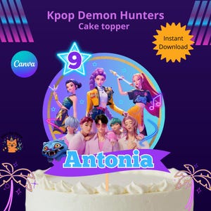 Personalized Kpop Demon Hunters Cake Topper, Huntrix (Digital Download, Canva Link)