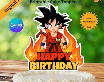 Topo de bolo de aniversário personalizado com tema de dragão e anime: modelo do Canva (download digital)