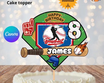 パーソナライズされた野球ケーキトッパー：DIYパーティーテンプレート、Canva、即時ダウンロード、野球テーマ、スポーツバースデー