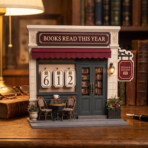 May include: A miniature bookshop model featuring a sign that reads BOOKS READ THIS YEAR, a maroon awning, and a hanging sign for DIANA'S BOOKSHOP. The facade includes three hanging number plaques displaying 612, a dark grey door, and two chairs.