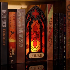 Personalized Gothic Book Nook with Light - Fantasy Windows Book Nook, Bookish Decor, Stained Glass Art, Book Lover Gift, Bookshelf Decor