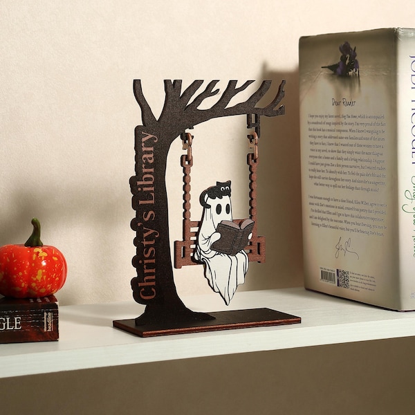 Chilling Ghost On Swing - Cute Ghost Decor, Library Sign, Adopt a Ghost, Reading Decor, Halloween Decor, Fall Decor, Book Lover Gift