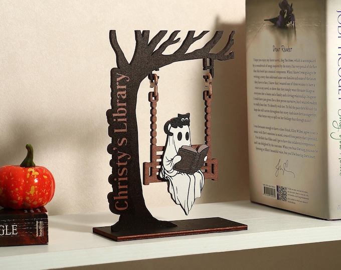 Chilling Ghost On Swing - Cute Ghost Decor, Library Sign, Adopt a Ghost, Reading Decor, Halloween Decor, Fall Decor, Book Lover Gift