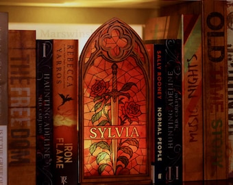 Personalized Gothic Book End Light - Rose And Sword Decor, Fantasy Windows Book Nook, Bookish Decor, Book Lover Gift, Bookshelf Decor