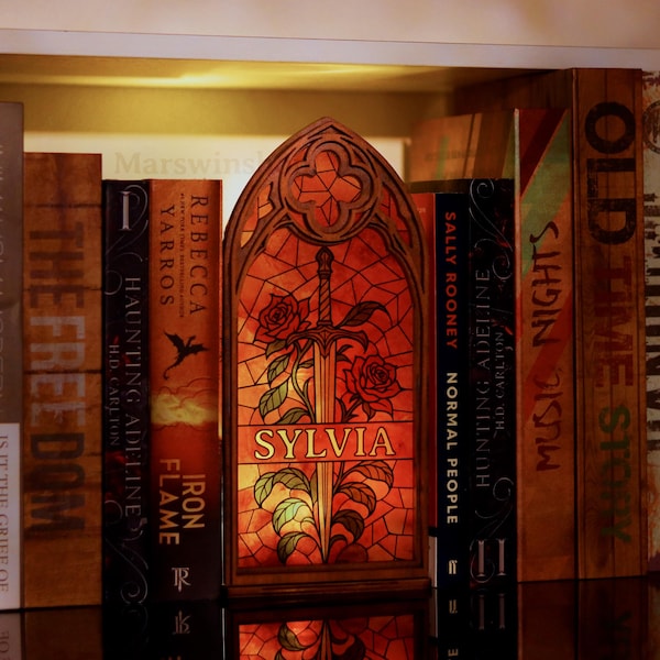 Personalized Gothic Book End Light - Rose And Sword Decor, Fantasy Windows Book Nook, Bookish Decor, Book Lover Gift, Bookshelf Decor