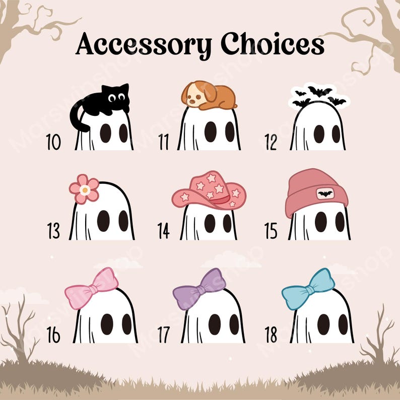 May include: A collection of cartoon ghosts with various accessories. The accessories include a black cat, a brown dog, bats, a flower, a pink cowboy hat, a pink beanie, and bows in pink, purple, and blue. The text "Accessory Choices" is at the top.