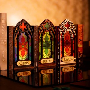 Personalized Gothic Book End Light - Fantasy Windows Book Nook, Bookish Decor, Stained Glass Art, Book Lover Gift, Bookshelf Decor
