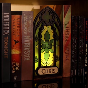 Custom Gothic Book Nook with Light - Fantasy Windows Book Nook, Bookish Decor, Stained Glass Art, Book Lover Gift, Bookshelf Decor