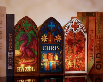 Custom Gothic Book Nook with Light - Fantasy Windows Book Nook, Bookish Decor, Bookshelf Decor, Stained Glass Art, Book Lover Gift