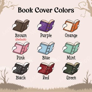 May include: An illustration showcasing a variety of book cover colors, including brown, purple, orange, pink, blue, mint, black, red, and green. The text "Book Cover Colors" is at the top.
