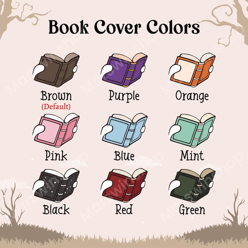 May include: An illustration showcasing a variety of book cover colors, including brown, purple, orange, pink, blue, mint, black, red, and green. The text "Book Cover Colors" is at the top.