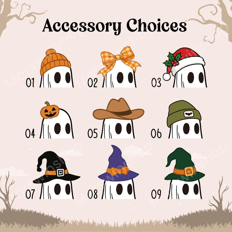May include: A collection of cartoon ghosts wearing various accessories, including a beanie, bow, Santa hat, pumpkin, cowboy hat, and witch hats. The text "Accessory Choices" is at the top.