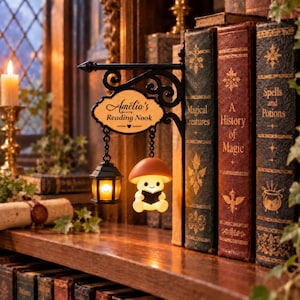 Può includere: Un'insegna da parete in metallo nero con una staffa a volute che riporta il testo Amelia's Reading Nook. Due catene pendono dall'insegna, una sostiene una piccola lanterna con luce calda e l'altra una figura a forma di fungo che legge un libro.