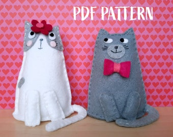 DIY Felt Cats in Love PDF step by step sewing pattern/Valentines day felt spring cats sewing