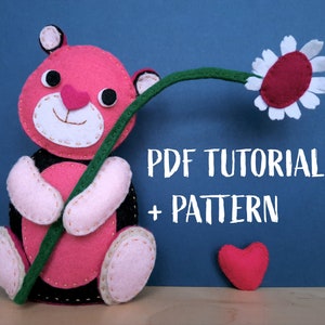 Digital DIY lovely gift  PDF easy felt Teddy bear sewing pattern, lovely bear and flower ornament