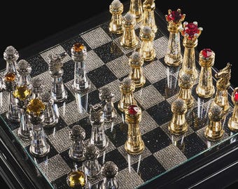 Asfour Crystal Chess Set with Sparkling Rhinestones, 14x14" Large Crystal Board Game, Luxury Glass Chess Set, Unique Collector Gift