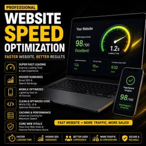 May include: A laptop and smartphone displaying website speed optimization metrics. The screen shows a performance score of 98, a 1.2s loading time, and text including Professional Website Speed Optimization, Faster Website, Better Results, and Fast Website = More Traffic, More Sales.