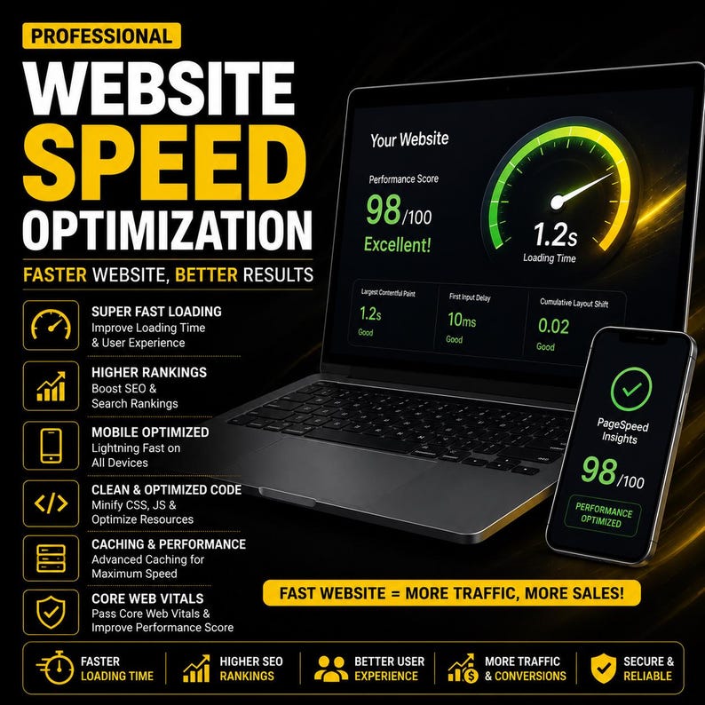 Pode incluir: Um port&aacute;til e um smartphone exibem m&eacute;tricas de otimiza&ccedil;&atilde;o da velocidade de um site. O ecr&atilde; mostra uma pontua&ccedil;&atilde;o de desempenho de 98, um tempo de carregamento de 1,2s e texto incluindo Professional Website Speed Optimization, Faster Website, Better Results e Fast Website = More Traffic, More Sales.