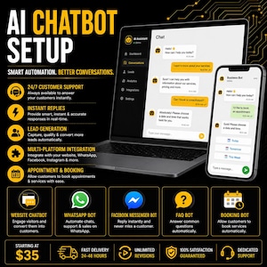 May include: A black and gold digital graphic displaying AI Chatbot Setup services. It features a laptop and smartphone showing chat interfaces, alongside icons for customer support, lead generation, and multi-platform integration for bots.