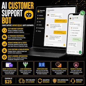 May include: A digital marketing graphic for an AI Customer Support Bot featuring a laptop and smartphone displaying chat interfaces. The text includes AI Customer Support Bot, Smart Support, Instant Replies, Happy Customers, and service features.