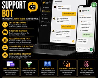 May include: A digital marketing graphic for an AI Customer Support Bot featuring a laptop and smartphone displaying chat interfaces. The text includes AI Customer Support Bot, Smart Support, Instant Replies, Happy Customers, and service features.