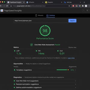 Pode incluir: Uma interface de relat&oacute;rio de desempenho de desktop do PageSpeed Insights exibida em um fundo escuro. A tela mostra uma pontua&ccedil;&atilde;o de desempenho de 98, um status de aprova&ccedil;&atilde;o do Core Web Vitals e m&eacute;tricas para LCP em 1,1s, FID em 14ms e CLS em 0,01.