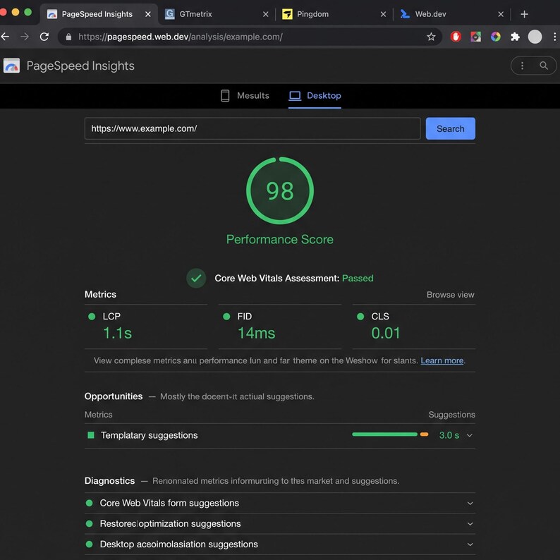 Pode incluir: Uma interface de relat&oacute;rio de desempenho de desktop do PageSpeed Insights exibida em um fundo escuro. A tela mostra uma pontua&ccedil;&atilde;o de desempenho de 98, um status de aprova&ccedil;&atilde;o do Core Web Vitals e m&eacute;tricas para LCP em 1,1s, FID em 14ms e CLS em 0,01.