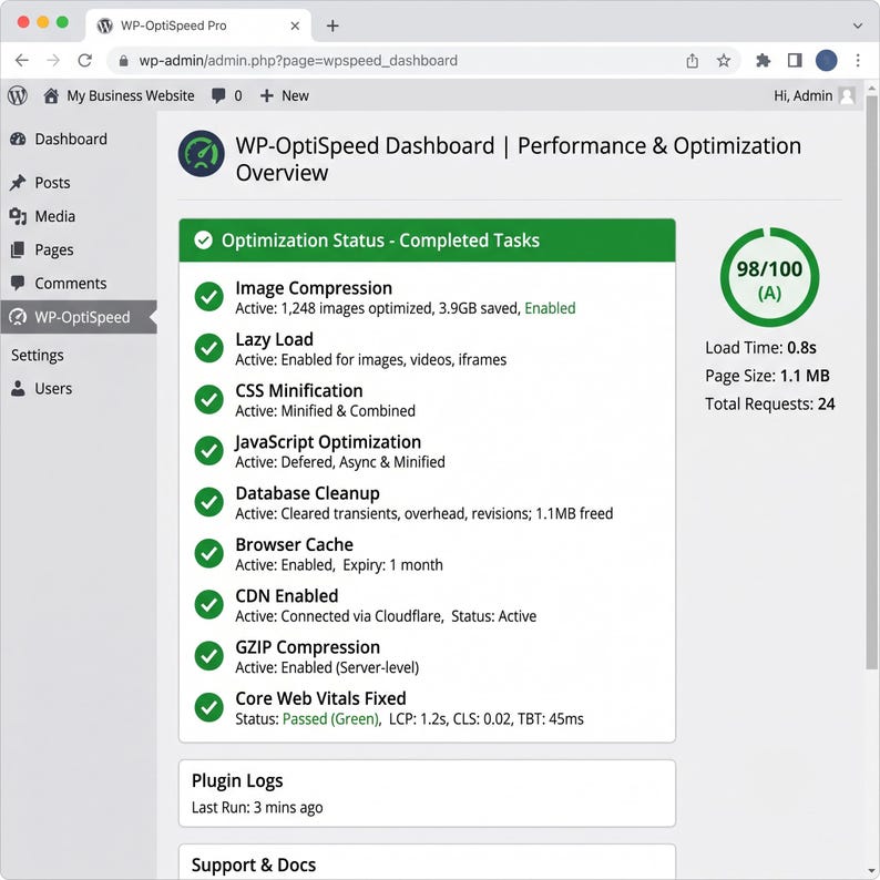 Pode incluir: A interface do painel WP-OptiSpeed Pro exibe m&eacute;tricas de desempenho, incluindo uma pontua&ccedil;&atilde;o de 98/100, tempo de carregamento de 0,8s e tamanho de p&aacute;gina de 1,1 MB. Uma caixa verde lista tarefas conclu&iacute;das como compress&atilde;o de imagem e lazy load.