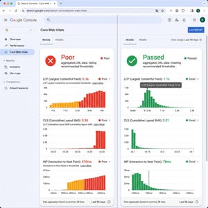 Pode incluir: Uma interface do Google Search Console exibindo dados do Core Web Vitals. O lado esquerdo mostra um status Poor com gr&aacute;ficos vermelhos para LCP, CLS e INP. O lado direito mostra um status Passed com gr&aacute;ficos verdes para as m&eacute;tricas.