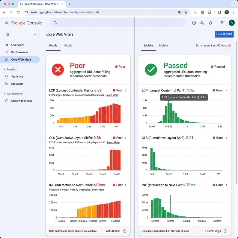 Pode incluir: Uma interface do Google Search Console exibindo dados do Core Web Vitals. O lado esquerdo mostra um status Poor com gr&aacute;ficos vermelhos para LCP, CLS e INP. O lado direito mostra um status Passed com gr&aacute;ficos verdes para as m&eacute;tricas.