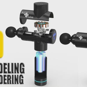 Könnte beinhalten: Eine schwarze AcuPulse Massagepistole in 3D-Darstellung. Ein Gerät ist vollständig montiert, während das andere in einer Explosionszeichnung gezeigt wird, die interne Komponenten wie Motor, mechanische Teile und einen Akku im Griff enthüllt.