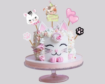 Topper per torta stampabile gatto carino · Festa di compleanno · Gatto carino · Decorazioni per torte · Scarica · FILE DIGITALE - Italia