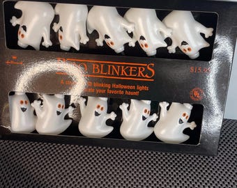 Hallmark Halloween Boo Blinkers WHITE GHOSTS Blow Mold Light String 1988 Vintage