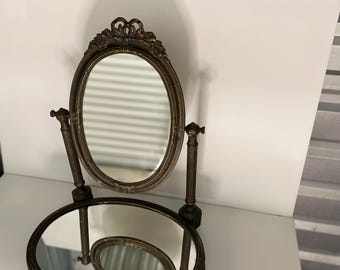 Art Deco Brass Vanity Mirror with Mirrored Tray Italian Made 14" x 18" x 10"
