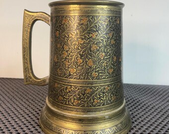 Vintage Heavy Brass Etched nice Beer Mug Stein Tankard Glass Bottom Pakistan