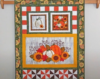 Quilted pumpkin wall quilt, Fall orange and gold, Autumn sunflowers, Handmade in USA, Wall art