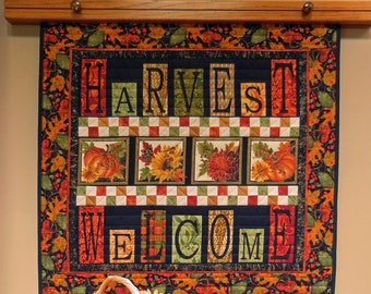 Quilted Fall wall hanging, Pumpkins and Sunflowers, Mini Quilt, Fiber Art, Handmade in USA