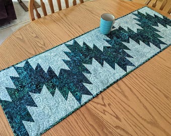 Quilted table runner, Teal Batik, Delectable mountains. Handmade in USA, Table topper