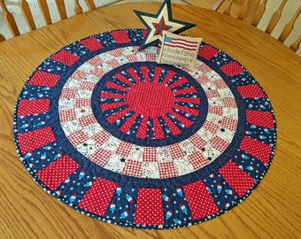 Quilted Patriotic Table Runner: Red White and Blue patchwork, Americana Picnic cloth, 4th of July