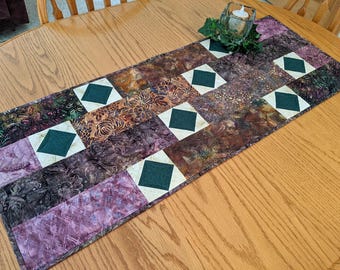 Quilted table runner, Purple, Gold, Green, Fall Batik table topper, Handmade in USA